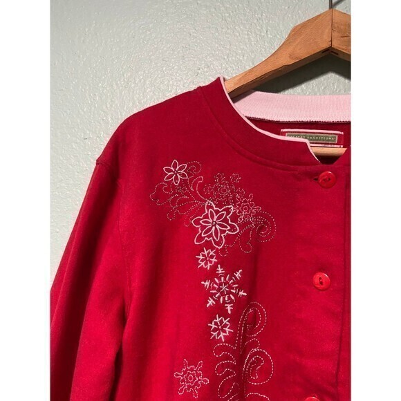 Holiday Traditions Women's Red and White Button Christmas Snowflake Sweater L - Picture 3 of 9